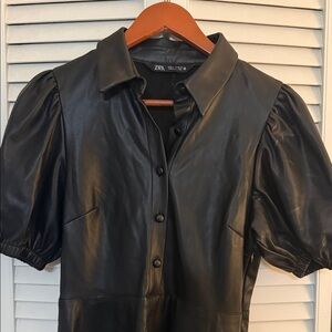 Zara Black Faux Leather Puff Sleeve Dress